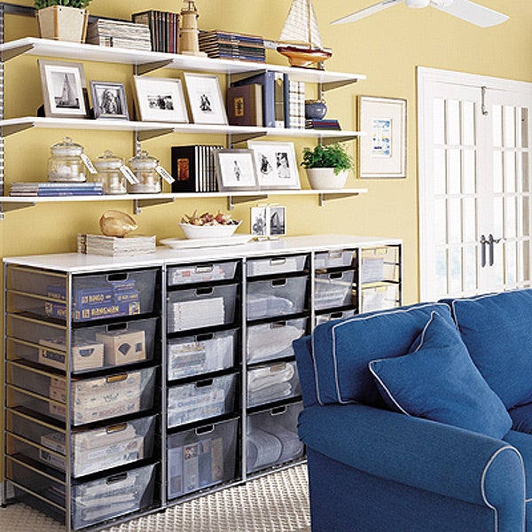 White & Platinum Game Room Shelves