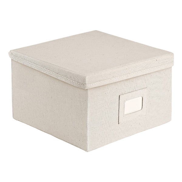 Shop by category Enjoy free shipping on all purchases over $75 and free in-store pickup on the Natural Canvas Storage Boxes with Lids at The Container Store. Smart-looking and amazingly sturdy, our Canvas Boxes are ideal for storing sweaters, hosiery, accessories or linens. With a frame made of high-density fiberboard, they're strong and durable/5.