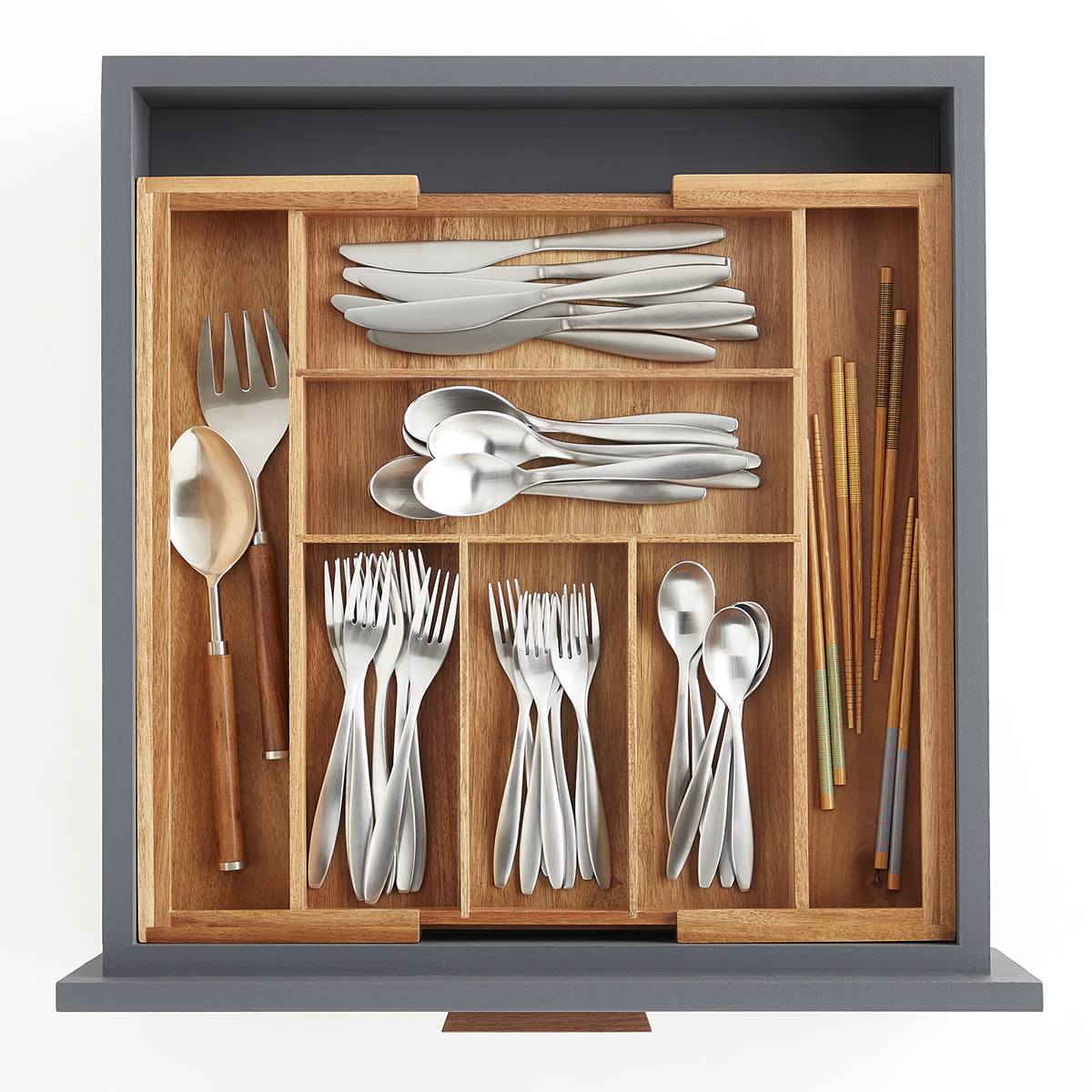 Kitchen Drawer Organizer Expandable Silverware Tray Utensil Wood Cutlery Holder 
