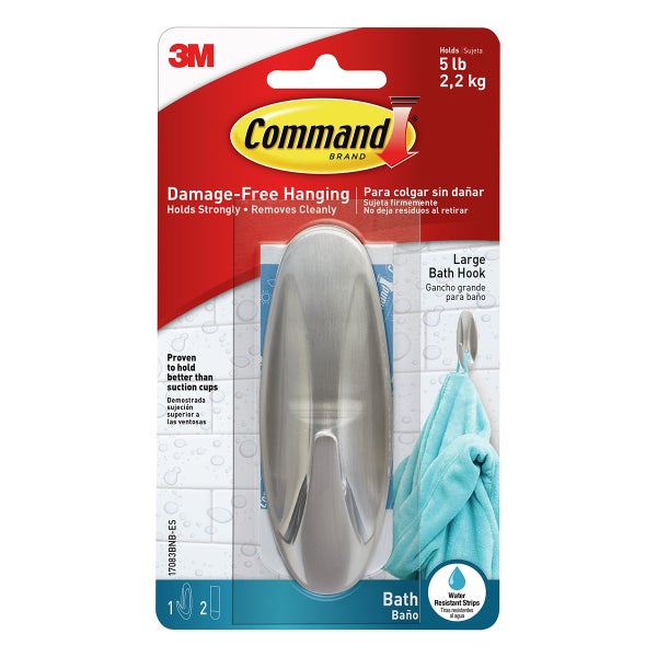 3M Command Bath Large Brushed Nickel Decorative Bath Hook The