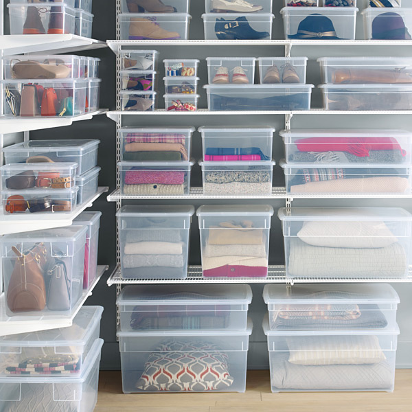 Our Clear Storage Boxes The Container, Plastic Storage Bins For Closet Shelves