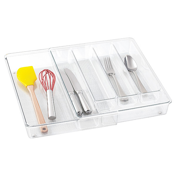 Clear iDesign Linus Expandable Cutlery Tray 3-Compartment Drawer Dividers for Cutlery and Kitchen Utensils Made of BPA-Free Plastic 