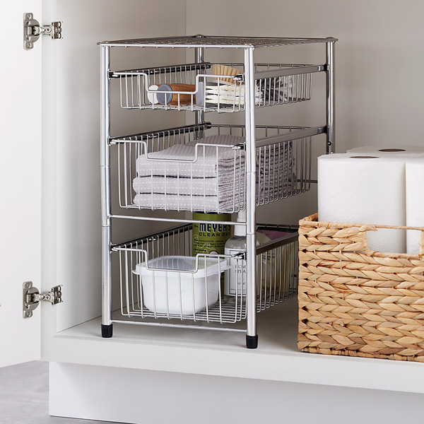 Wardrobe Storage Organiser H100mm x W400mm, White GTV Pull Out Wire Basket Drawer with Roller Runners 