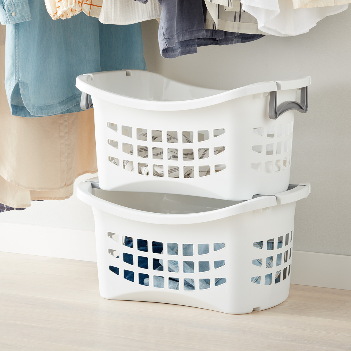 2x Grey Wicker Storage Boxes Stackable Bedroom Hamper Baskets Bathroom Kitchen 