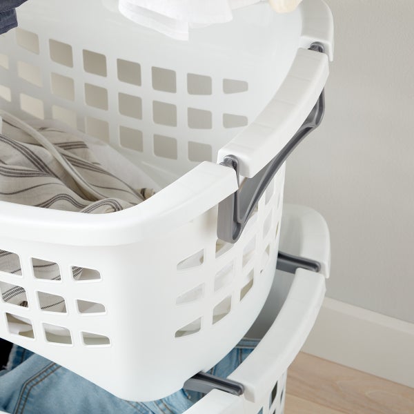 White Stackable Laundry Basket with Grey Handles The Container Store