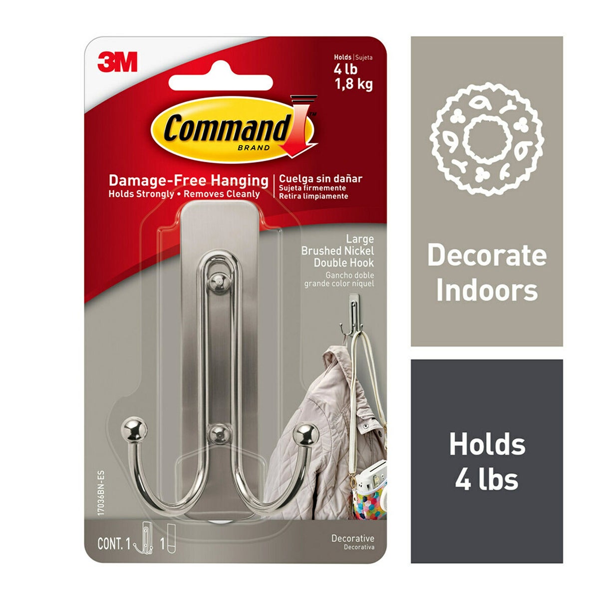 Command Large Double Hook Brushed Nickel