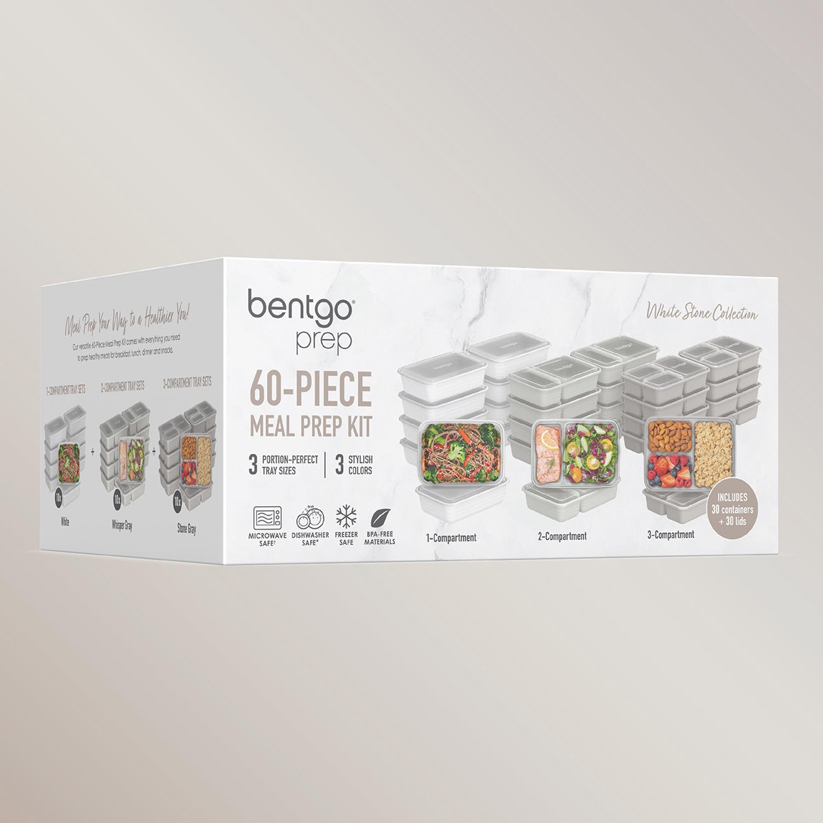 BentGo Prep 60-Piece Meal Prep Kit White Stone