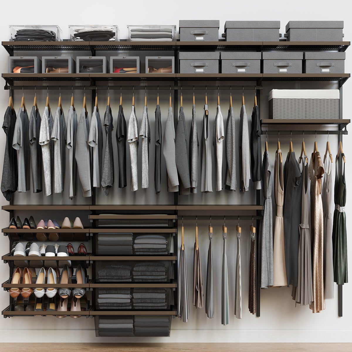 Décor+ by Elfa 8' Closet w/ Mesh Drawers Mt Grey & St Birch