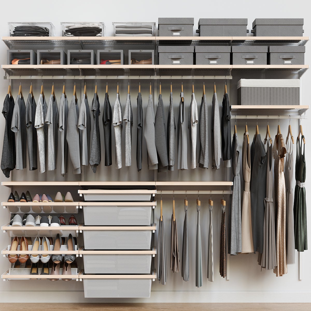 Décor+ by Elfa 8' Closet w/ Mesh Drawers Mt White & Nat Birch