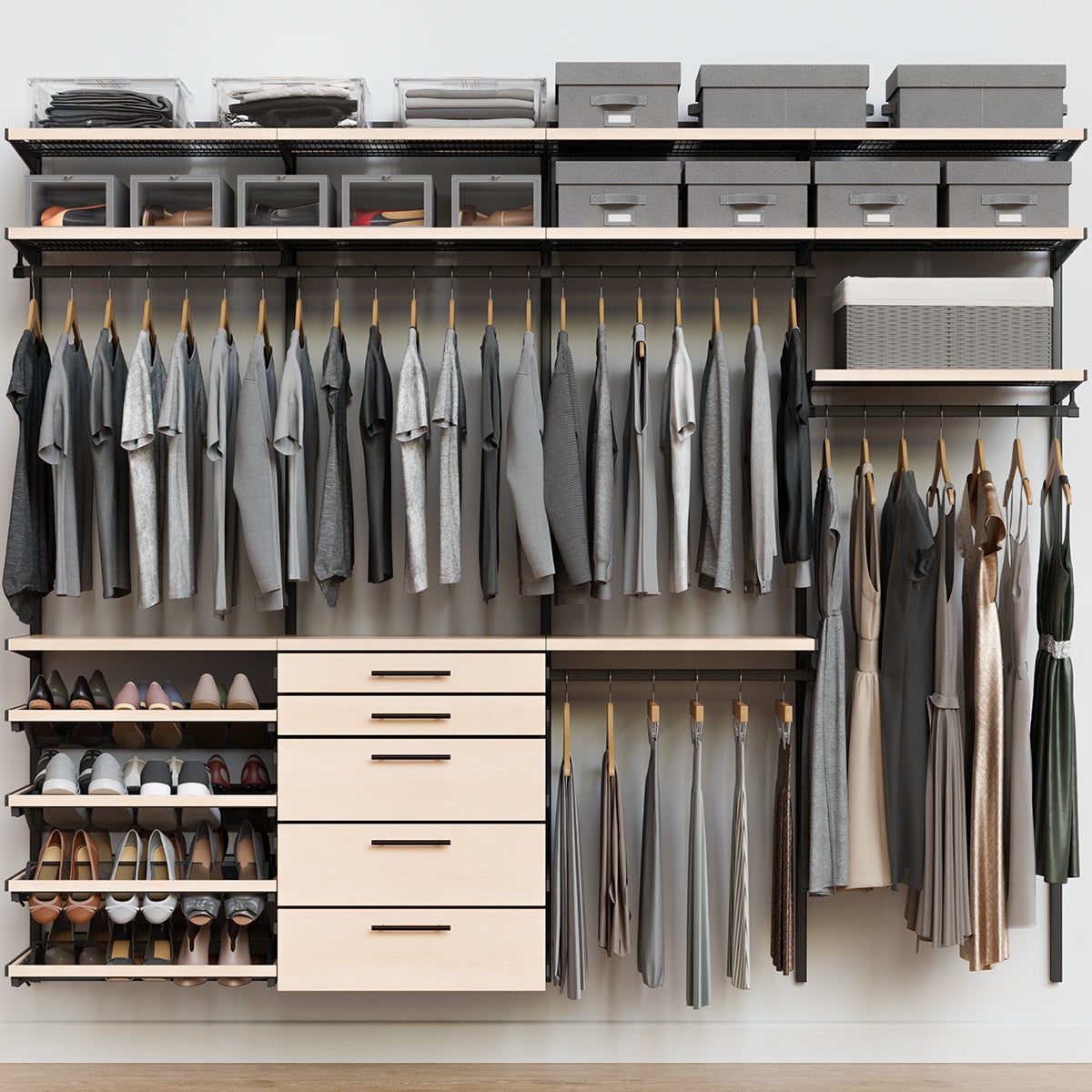 Décor+ by Elfa 8' Closet w/ Solid Drawers Mt Grey & Nat Birch