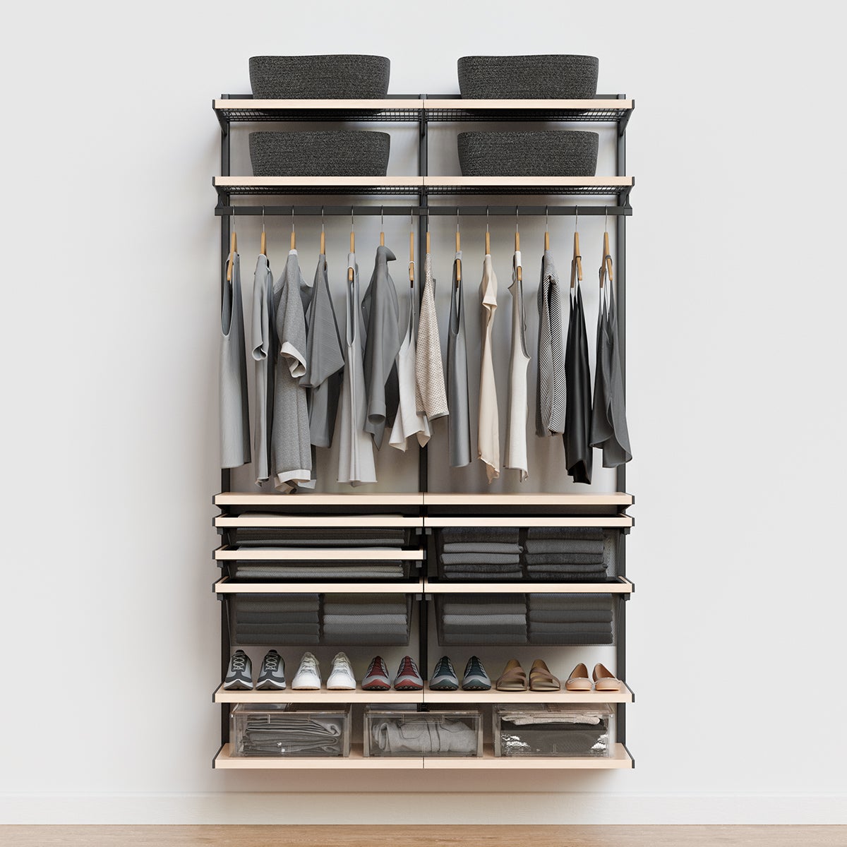 Décor+ by Elfa 4' Reach-In Closet w/ Mesh Drawers Mt Grey & Nat Birch