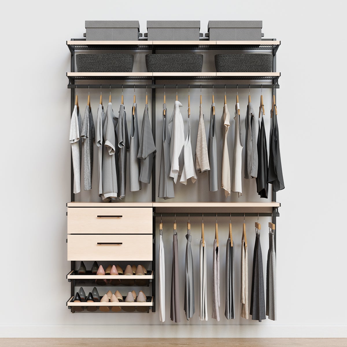 Décor+ by Elfa 5' Closet w/ Solid Drawers Mt Grey & Nat Birch