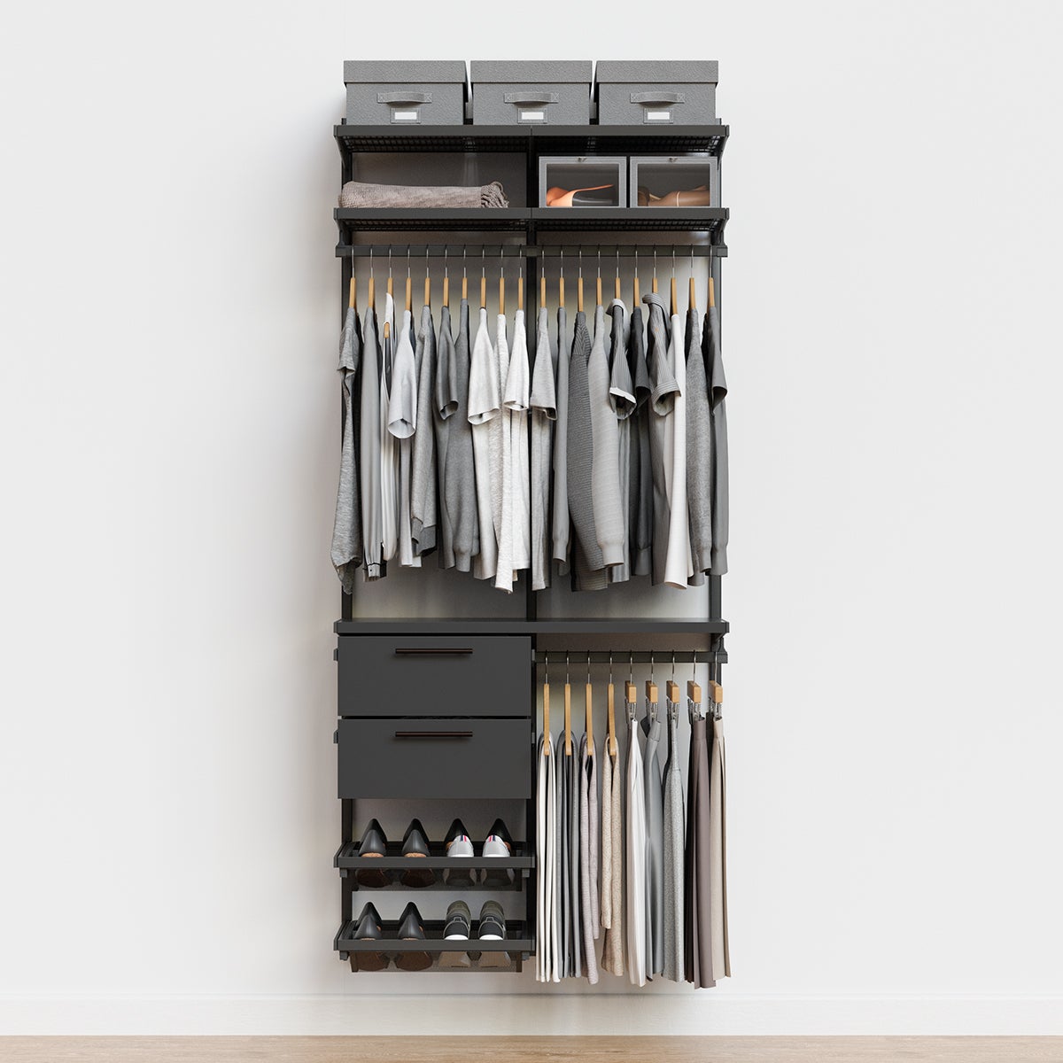 Décor+ by Elfa 3' Closet w/ Solid Drawers Matte Grey & Grey