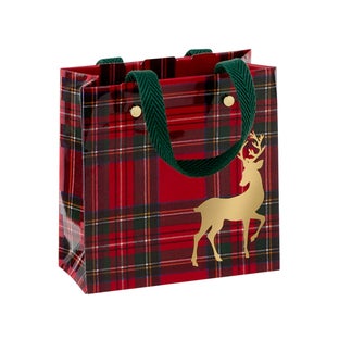 Caspari Mini Royal Plaid Reindeer Gift Bag