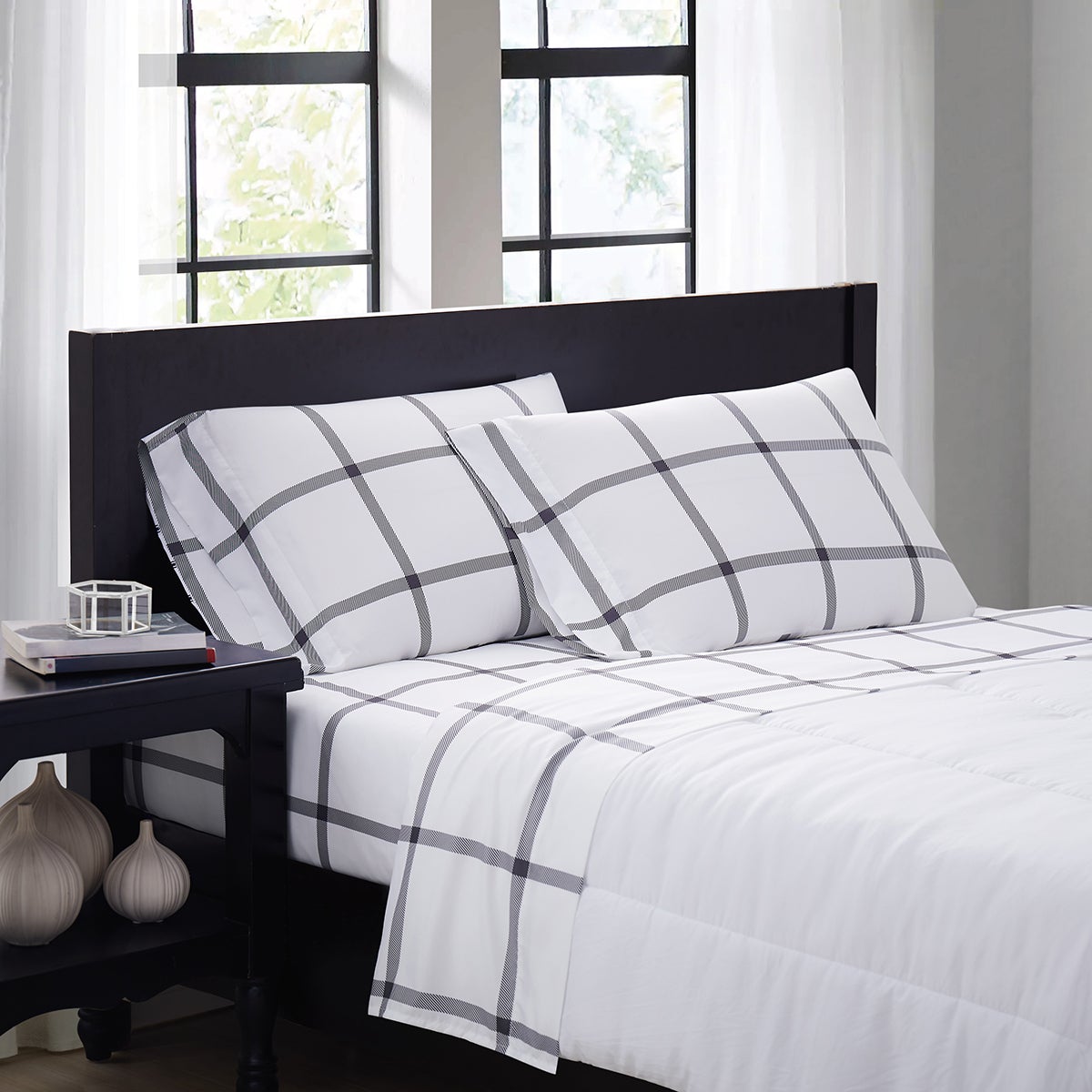 Truly Soft King 4-Pc. Windowpane Sheet Set White/Grey