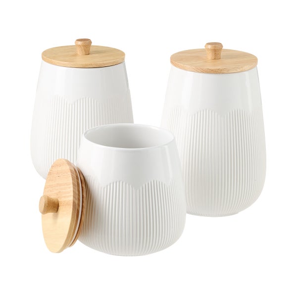 White Ribbed Stoneware Canisters Set of 3