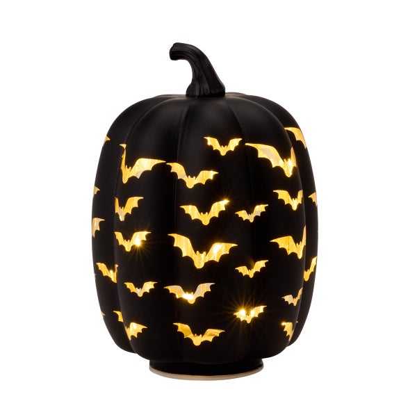 Black Glass LED Bat Cutout Pumpkin