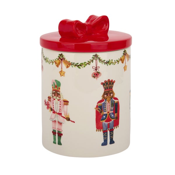 Jolly Nutcracker Bow Lid Canister