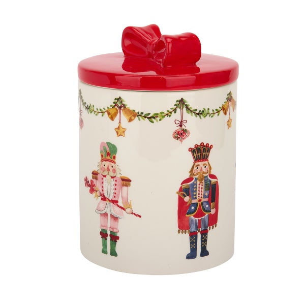 Holly Nutcracker Bow Lid Canister