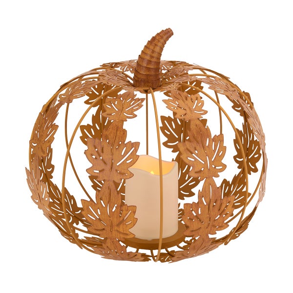 Metal Leaf Pumpkin LED Candle Holder