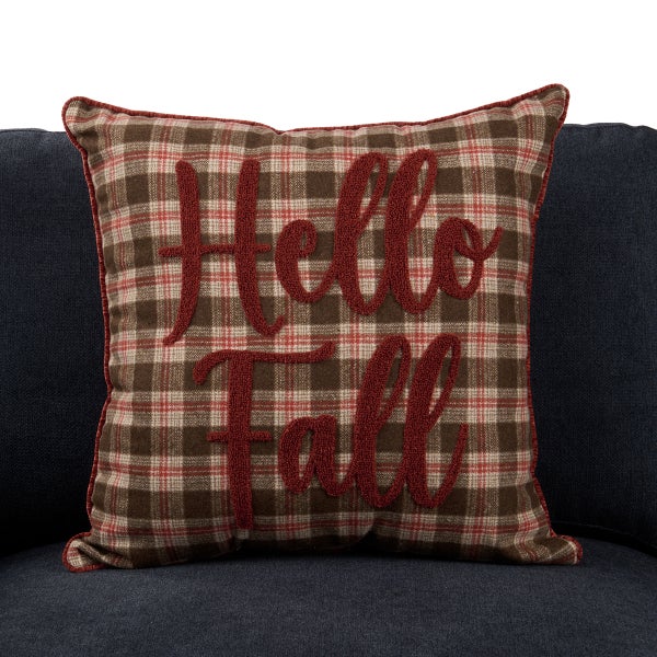 Hello Fall Merlot Plaid Pillow