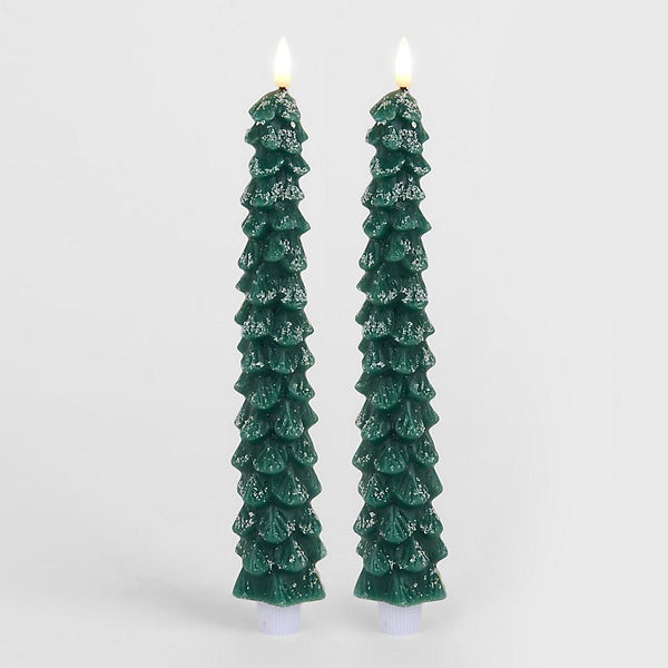 LED Flocked Tree Taper Candles Set of 2
