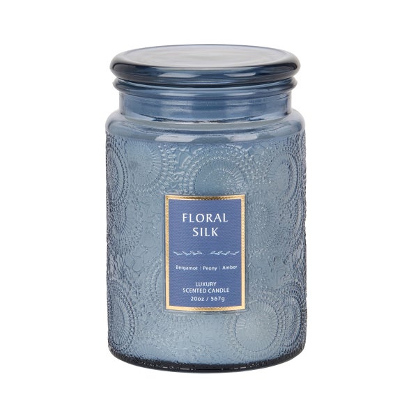 Blue Floral Silk 2-Wick Embossed Jar Candle