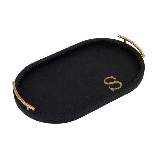 Black Faux Leather Monogram Oval Tray