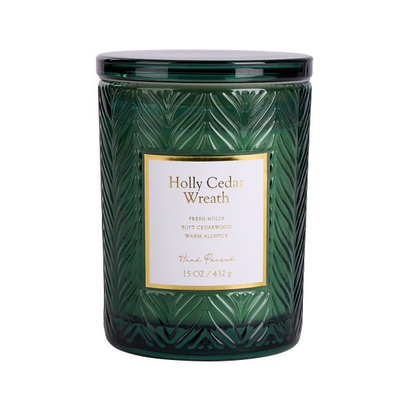 15.2OZ Candle Jar Embossed Holly Green