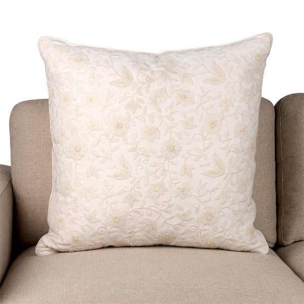 Cream Embroidered Floral Pillow