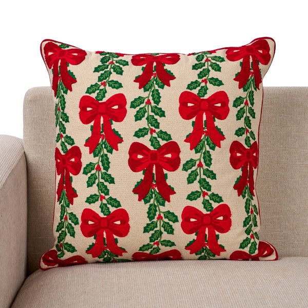 Holly and Bow Embroidered Christmas Pillow