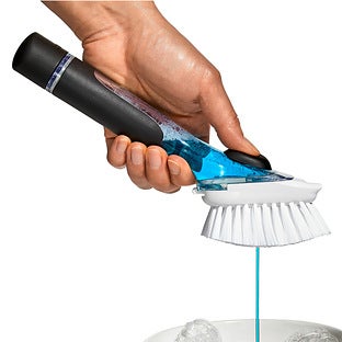 Soap Dispenser Dish Brush, Nylon Bristle, 9.3 in L, Plastic/Rubber Handle, Black/Clear/White