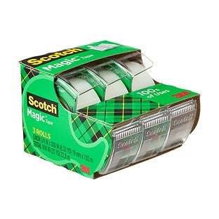 Scotch Magic Invisible Clear Tape With Dispenser, 0.75 x 8.33 yds, 1 Core, 3 Rolls/Pack (3105) | Quill