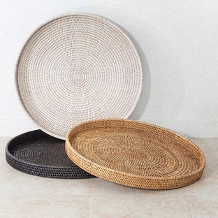 Artifacts Trading Company Rattan Round Woven Serving Ottoman Tray - White wash