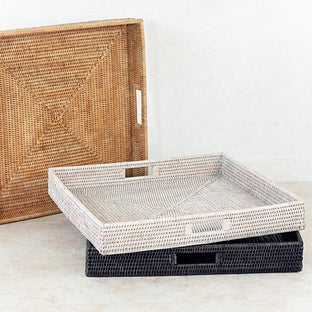 Artifacts Rattan Square Serving Tray with Cutout Handles - White wash