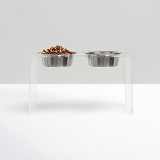 Hiddin Clear Double Bowl Dog Feeder - Silver Bowls - Large with 2 Quart Bowls
