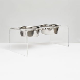 Hiddin Clear Double Bowl Dog Feeder - Silver Bowls - Medium with 1 Quart Bowls