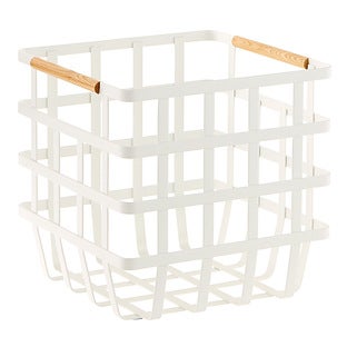 Yamazaki Home Wire Basket Steel and Wood White Two Sizes - Medium