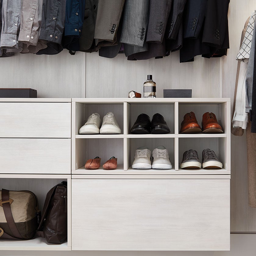 Custom Closets Closet Shelving Systems The Container Cloud Avera Closet With Drawers Open And Divided Cubes