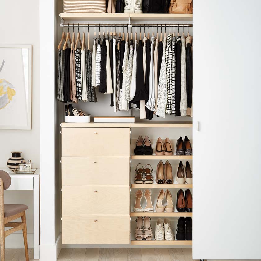 Custom Closets Closet Shelving Systems The Container Birch Elfa Décor Closet With Drawer Fronts