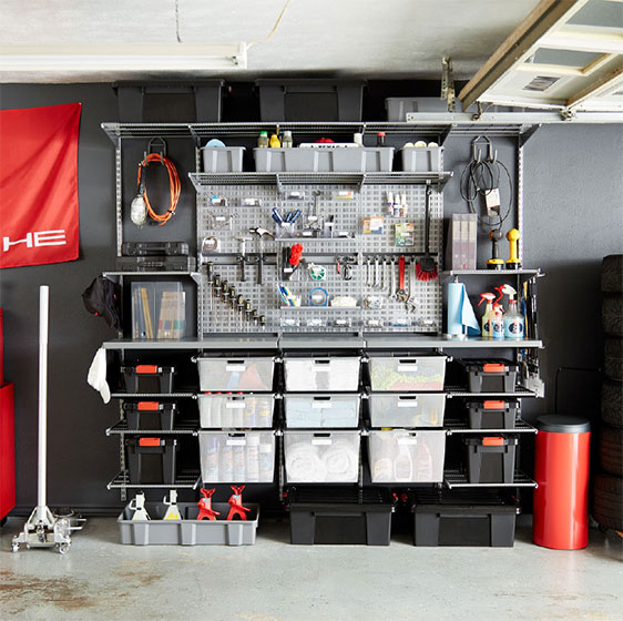 Platinum Elfa Garage with utility Boards & Mesh Drawers
