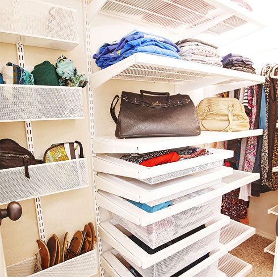 White elfa décor Closet with Gliding Shoe Racks Easy closet organization, Closet hacks